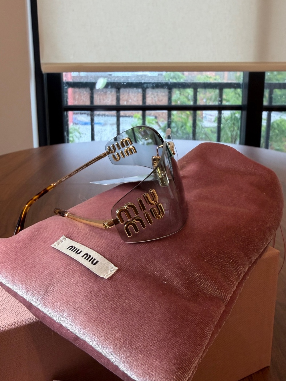 Miu Miu Pink Gradient Shield Sunglasses with Gold Logo - Picture 3 of 9